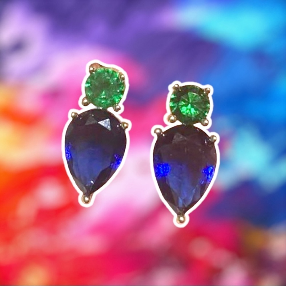 NEW Green & Blue Crystal CZ Goldtone Teardrop Stud Earrings - Picture 3 of 15